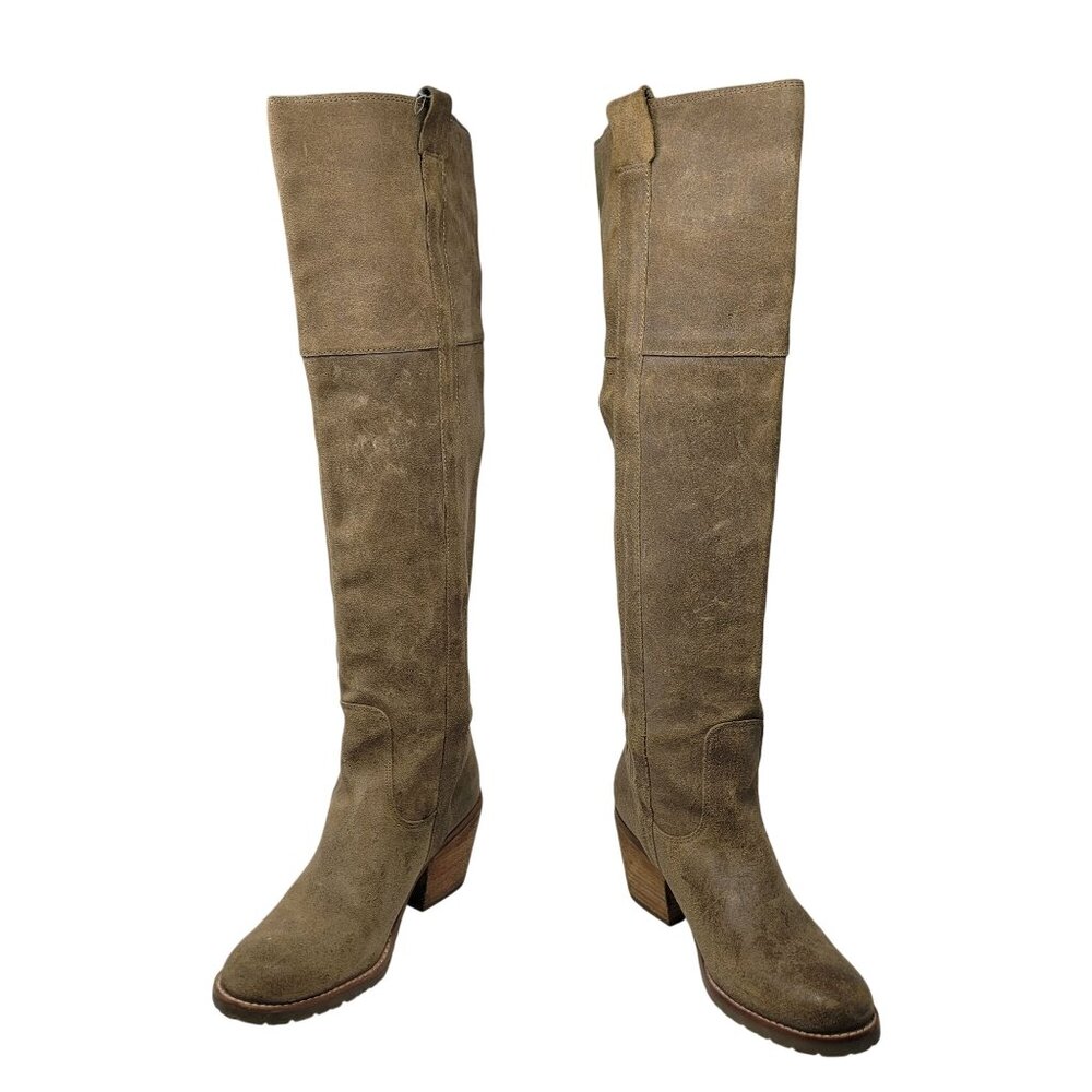 Report Belzer‎ Over Knee Tan Suede Leather Boots Sz 7.5 Distressed Tall Boho